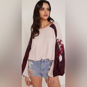 Free People Casual Clash Balloon Sleeve Thermal Top Rose Petal Print